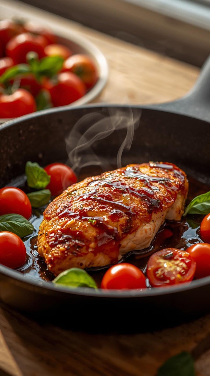 Balsamic chicken breast glazed with reduction and topped with cherry tomatoes and fresh basil.