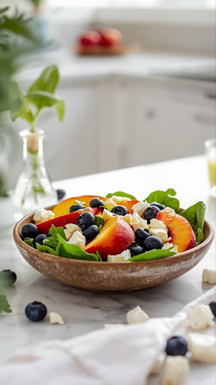 Blueberry peach feta salad with mixed greens and crumbled cheese.