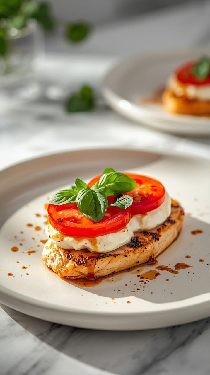 Caprese chicken topped with melted mozzarella, fresh tomato slices, and basil leaves.