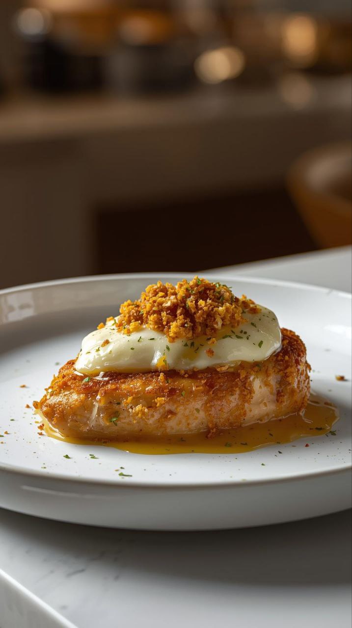 Copycat Longhorn Steakhouse parmesan crusted chicken topped with melted mozzarella and golden herb crust served on a white plate