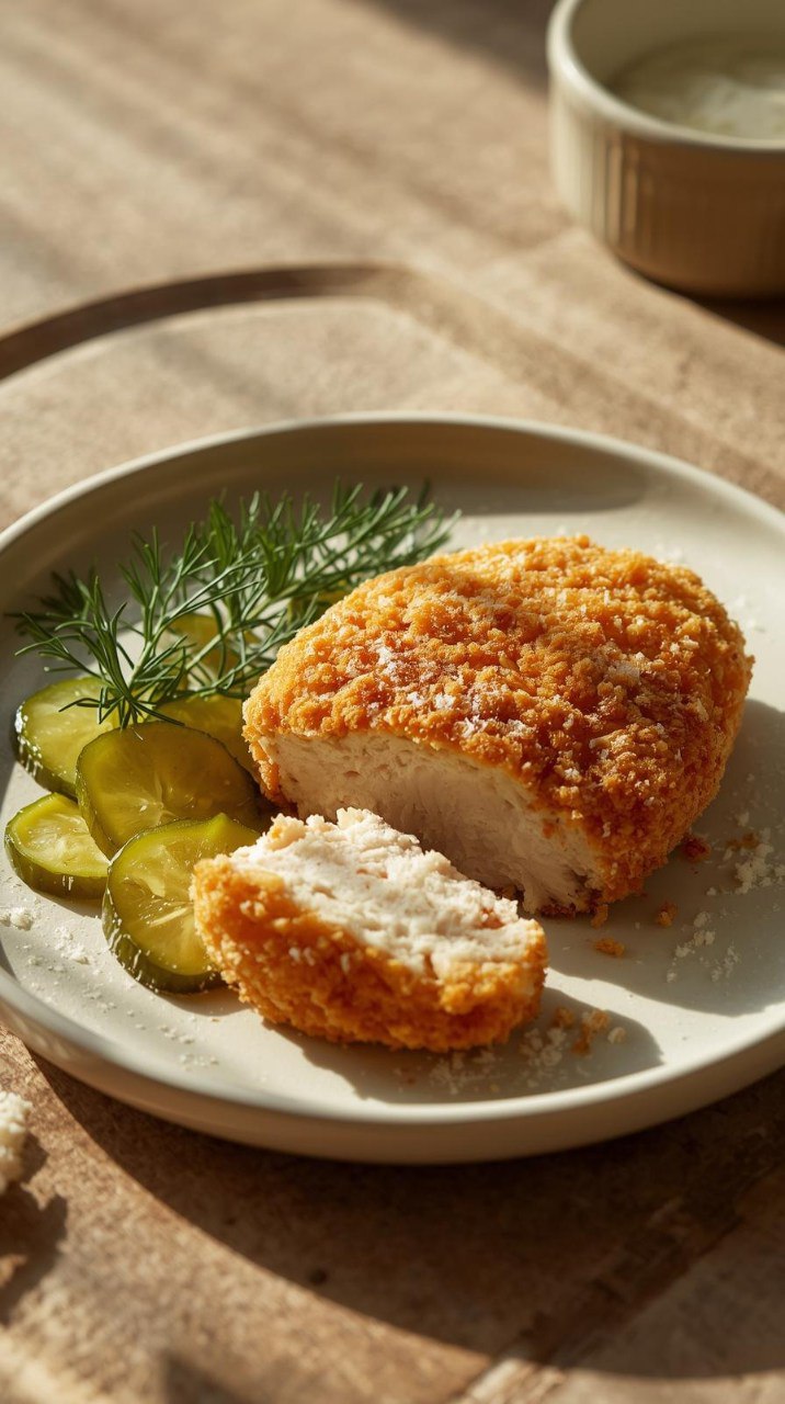 Crispy dill pickle parmesan chicken with golden breading and fresh dill garnish.