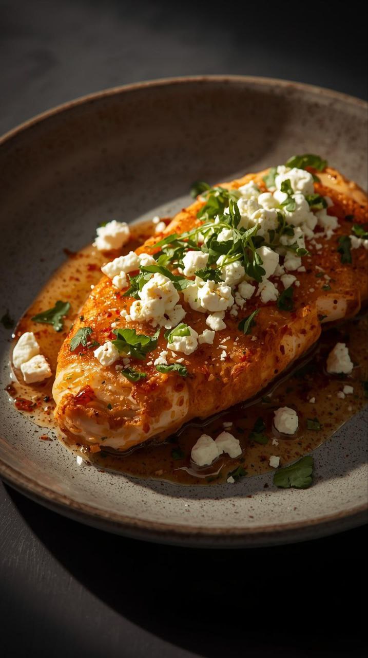 Crispy golden chicken topped with crumbled feta cheese and drizzled with hot honey