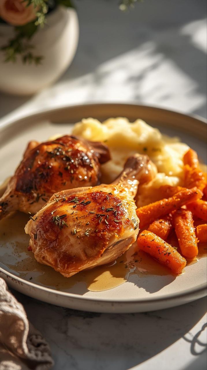 Garlic herb roasted chicken served with creamy mashed potatoes and honey roasted carrots on a ceramic plate