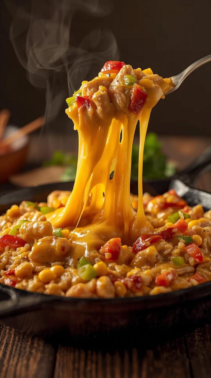Queso chicken rice skillet with melted cheese and bell peppers.