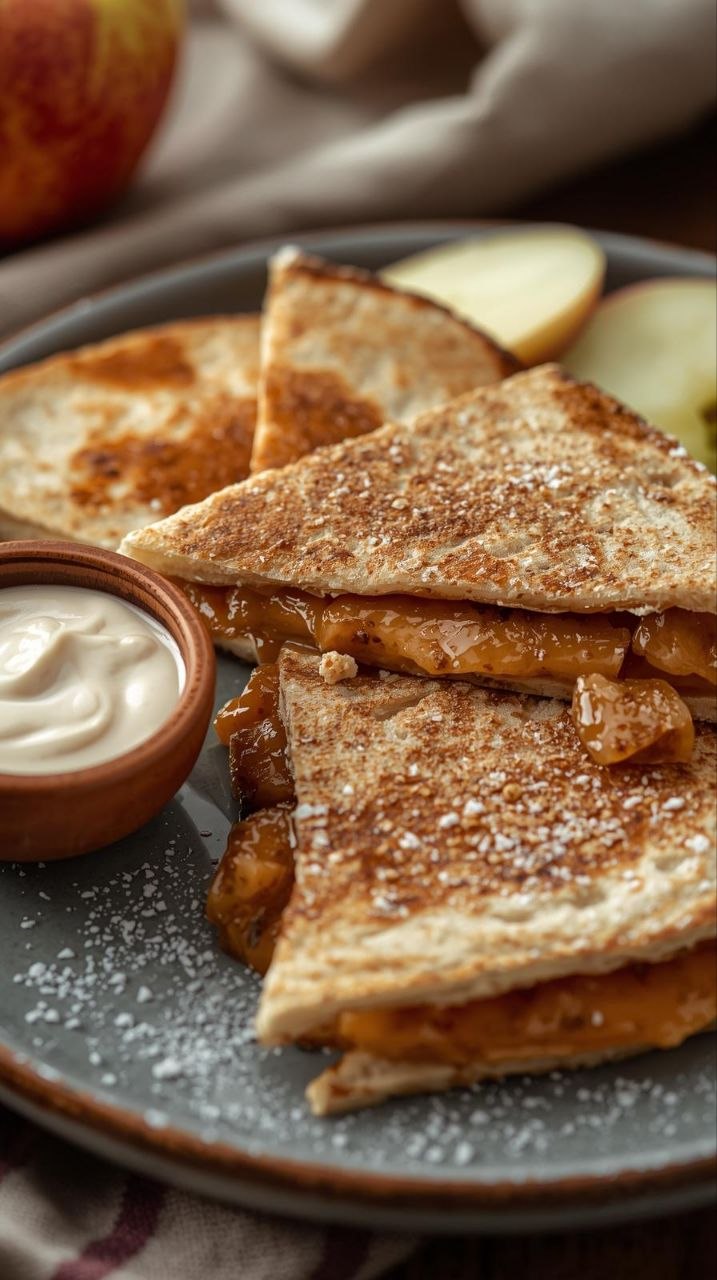 Apple cinnamon breakfast quesadilla wedges with melted cheese and sautéed apples, served with maple yogurt dip and fresh apple slices.