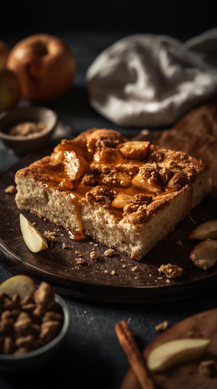 Apple fritter focaccia with caramelized apples, cinnamon glaze, and streusel topping on a rustic wooden board.