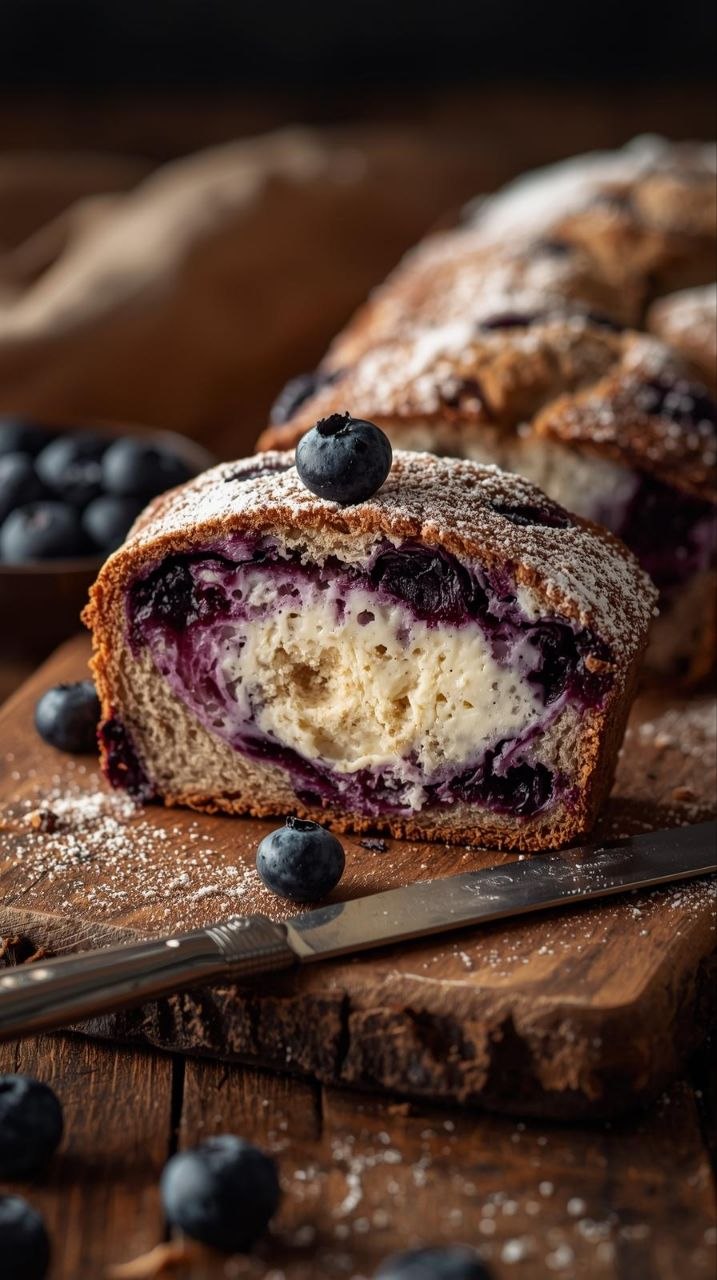 Slice of ultra moist blueberry cream cheese bread with cream cheese swirl and fresh blueberries on a wooden board.