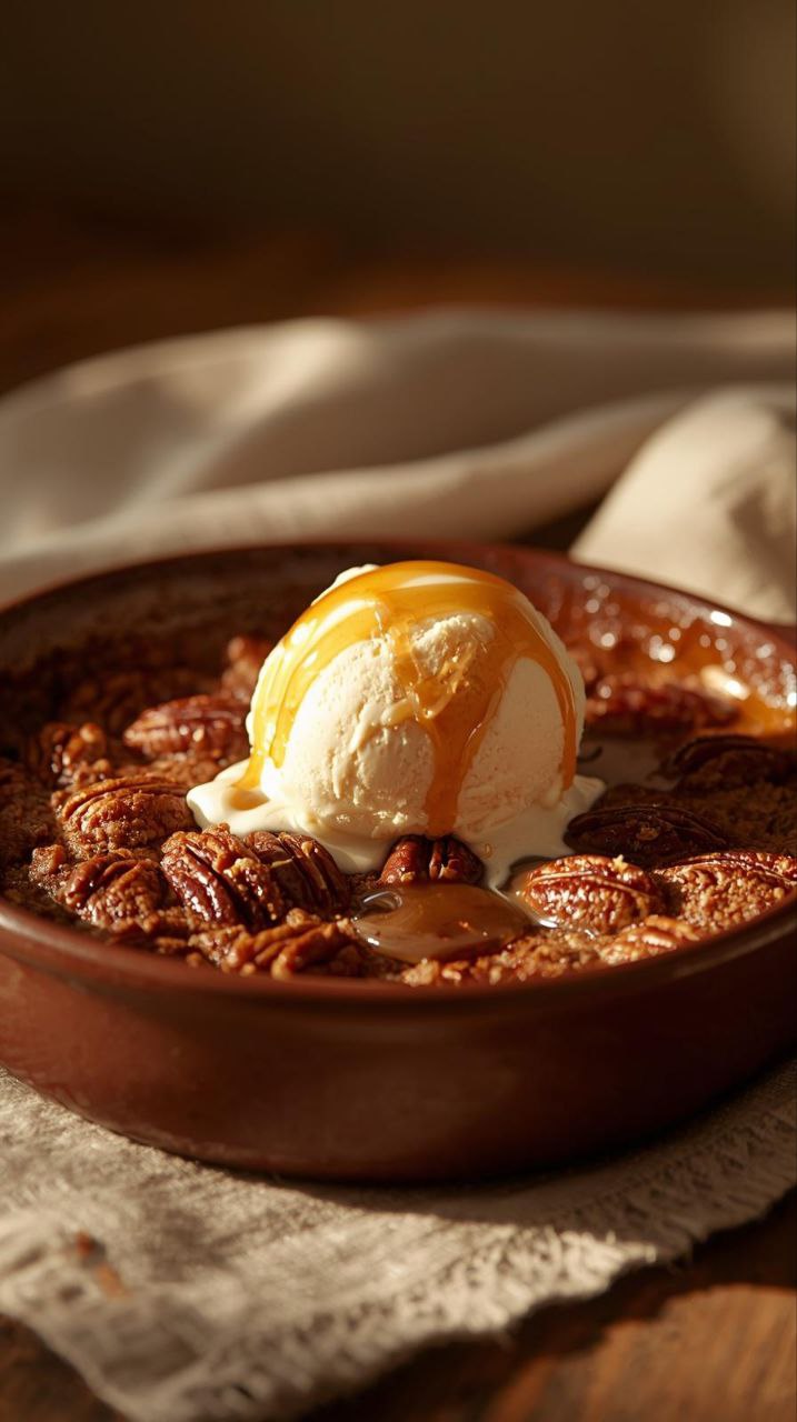 A close-up studio shot of a warm Pecan Pie Cobbler in a rustic baking dish, topped with a melting scoop of vanilla ice cream and caramel drizzle.