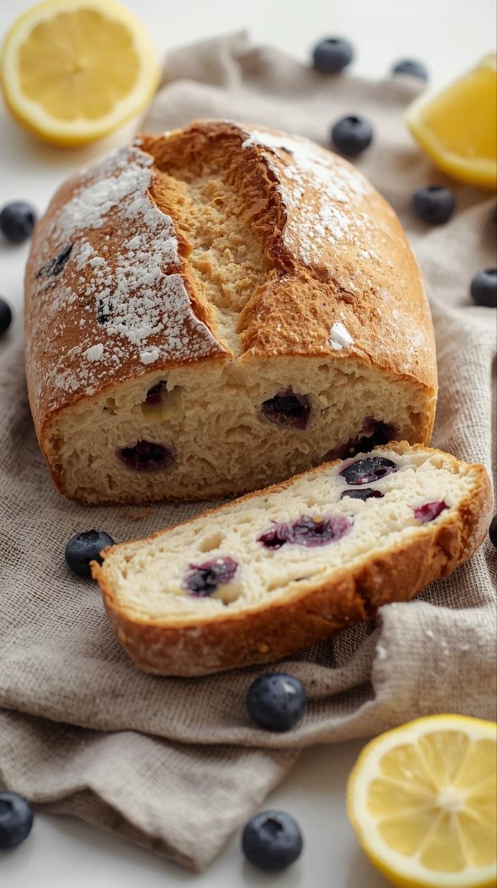 Artisan lemon blueberry sourdough bread loaf with a dusted crust, showing interior with blueberries and lemon zest.