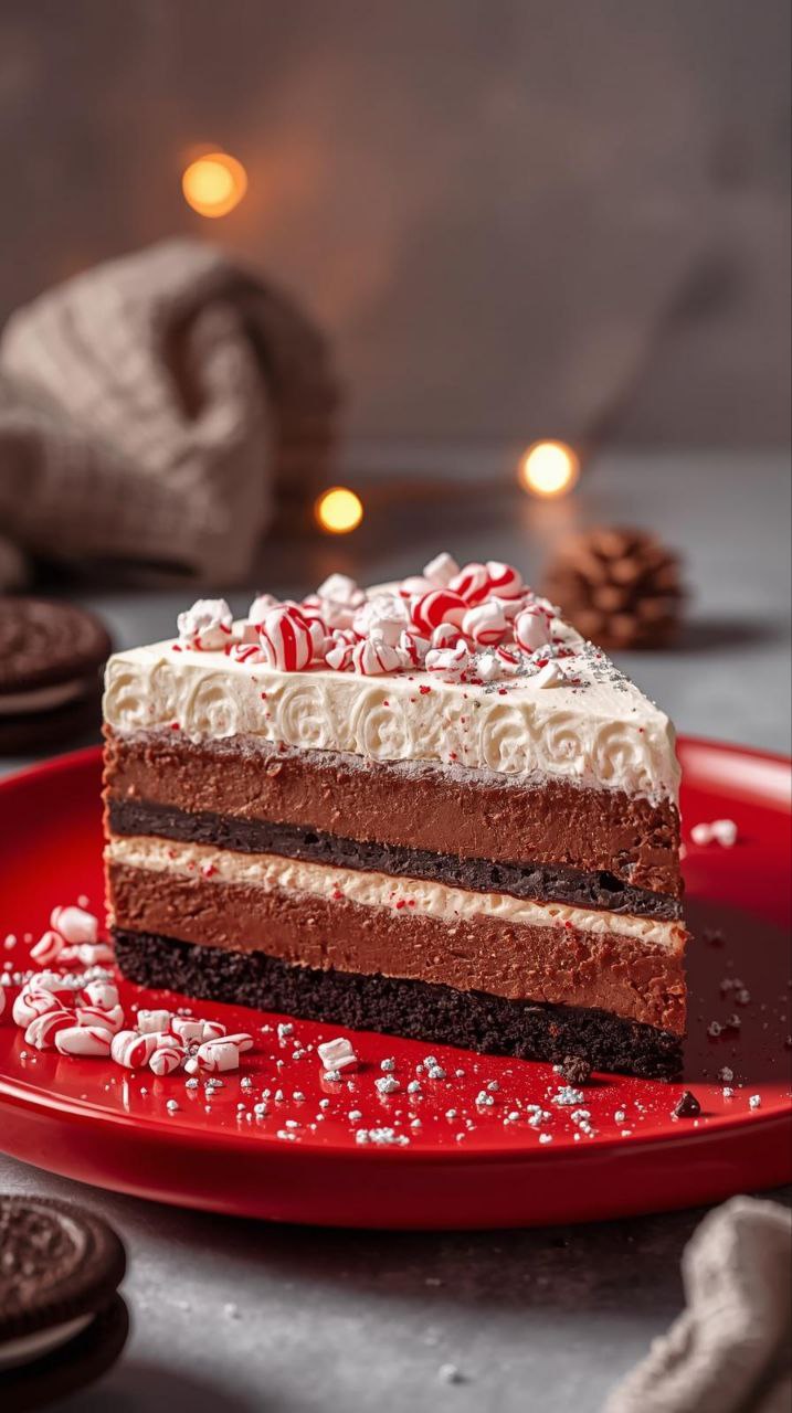 A layered slice of Christmas Oreo Lasagna showing chocolate pudding, cream cheese, and crushed Oreos, topped with festive candy cane bits.