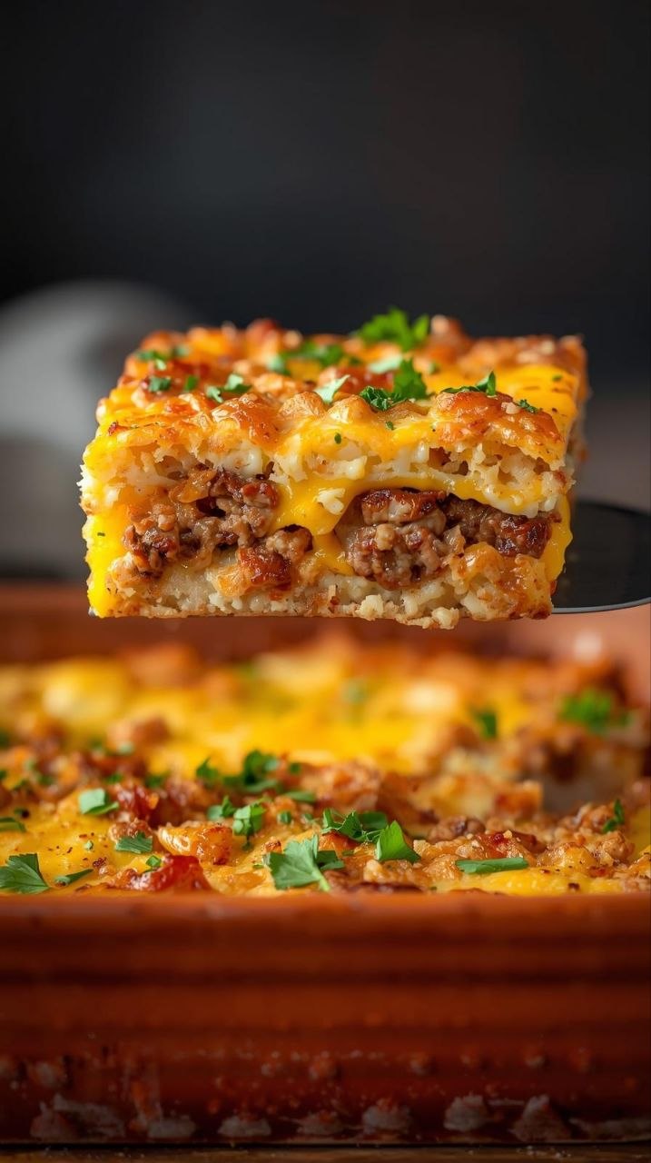 Square of sausage hash brown breakfast casserole with crispy hash browns, sausage, cheese, and baked eggs.