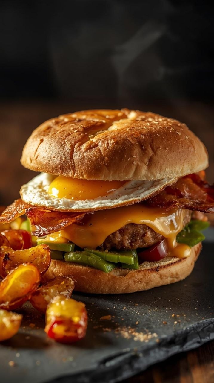 Spicy chipotle egg breakfast sandwich with fried egg, pepper jack cheese, bacon, and avocado on a toasted brioche bun.