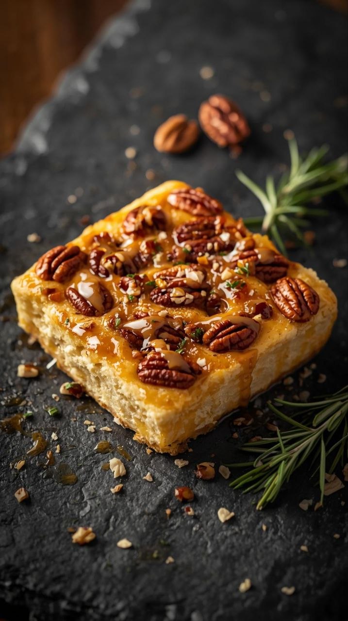 Sticky pecan focaccia bread with caramelized pecans and maple glaze on a dark slate surface.