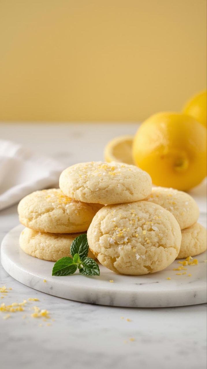 Close-up of soft lemon sugar cookies with granulated sugar coating and lemon zest on a marble surface.